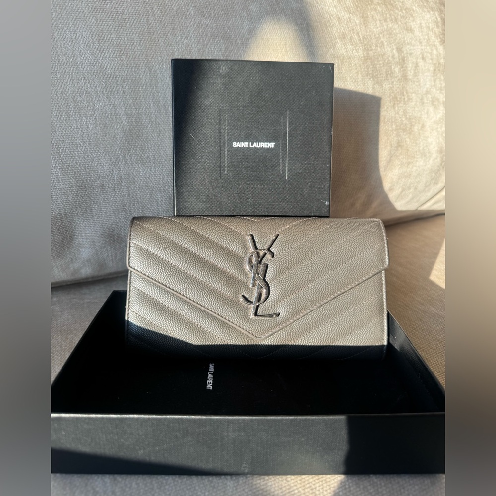 Authentic YSL Saint Laurent Gray Leather Cassandre Flap Long Wallet And Clutch